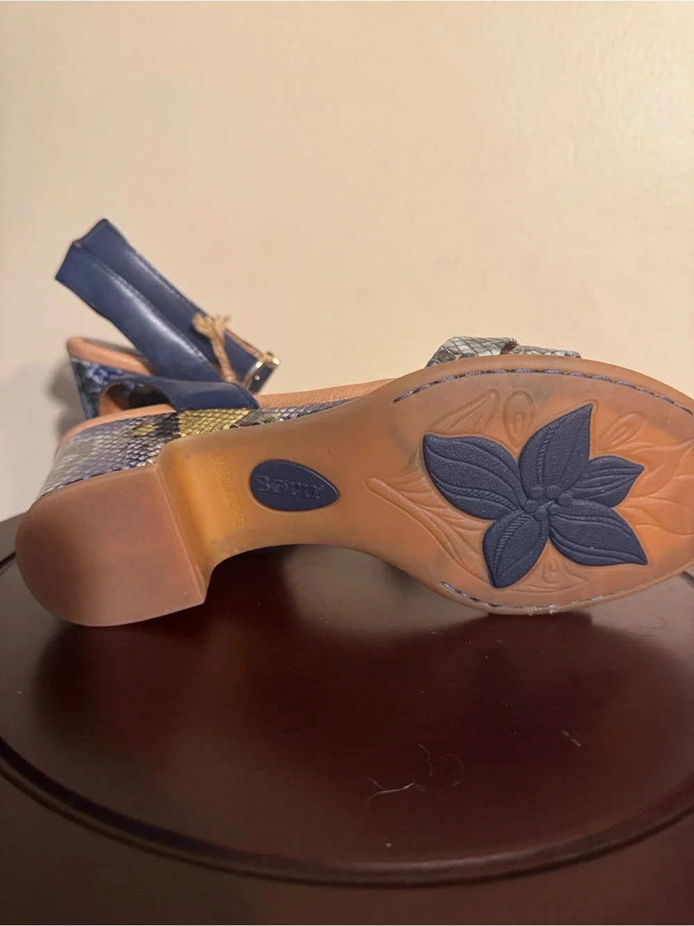 Born Blue Snake-Print Block Heel Sandals with Yellow Accents